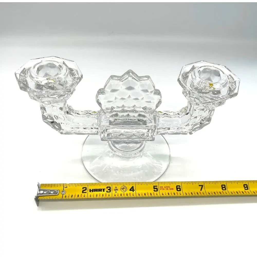 Vintage MCM Fostoria American Set of 2 Crystal Double-Arm Candlestick Holders 5